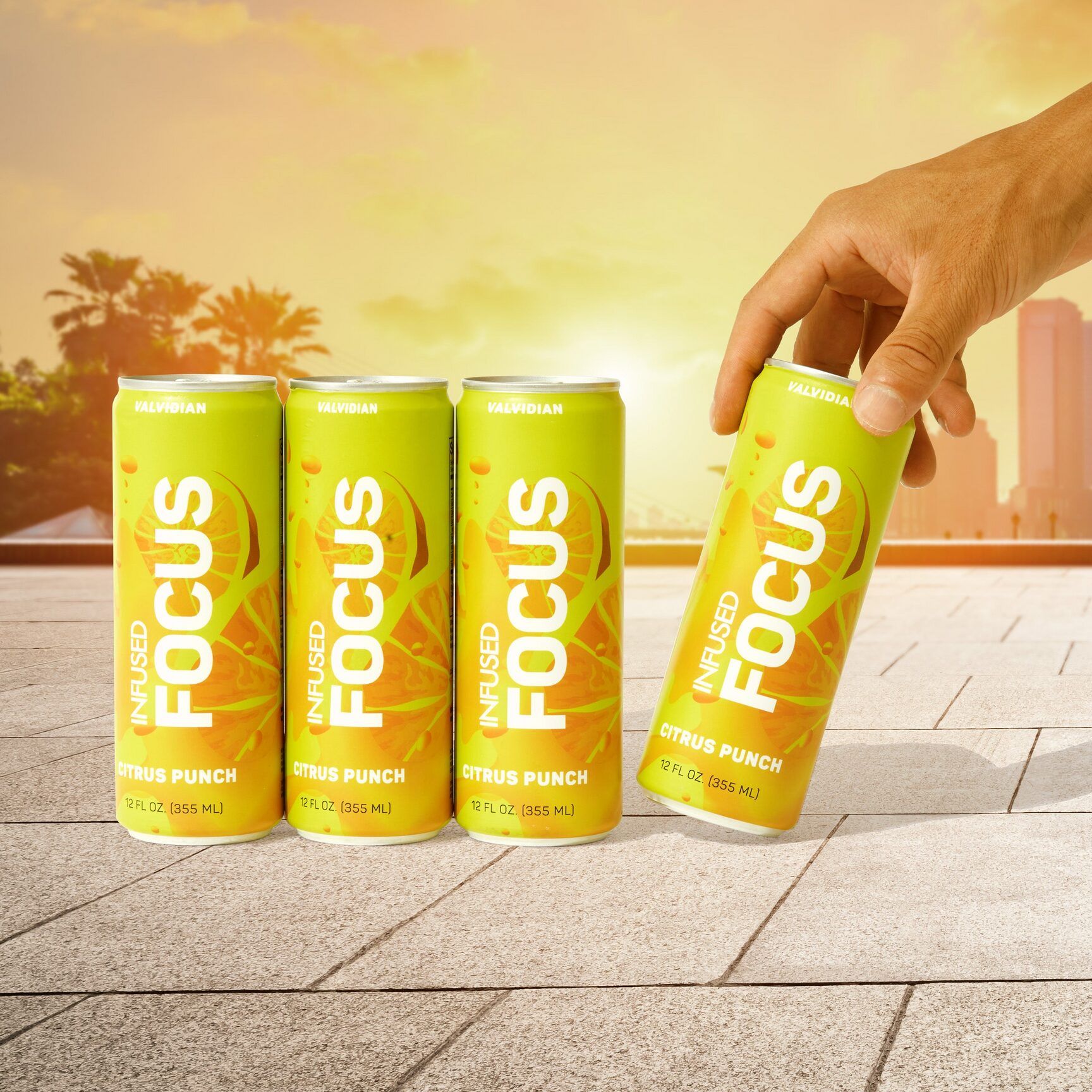 Four cans of Valvidian Focus lined up in warm sunset light
